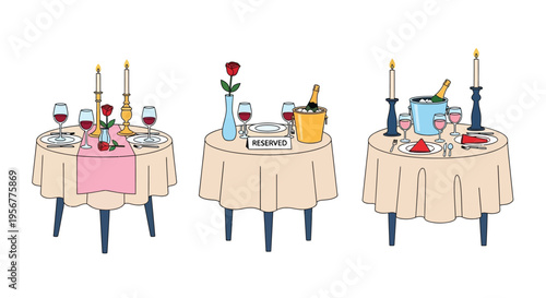 Three elegantly set tables depicting a romantic dinner arrangement