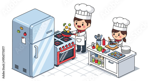 Two chefs happily cooking a meal in a fully equipped kitchen
