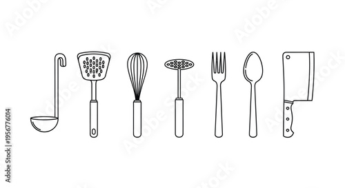 Line drawing of various kitchen utensils arranged in a horizontal row