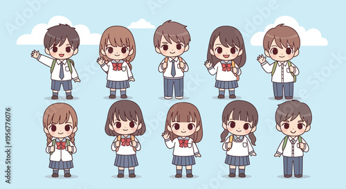 Cute cartoon students in school uniforms with backpacks standing in two rows against a blue sky with clouds.