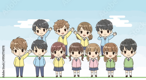 Cute cartoon illustration of ten smiling school children, five boys and five girls, waving happily in two rows against a simple blue and green background.