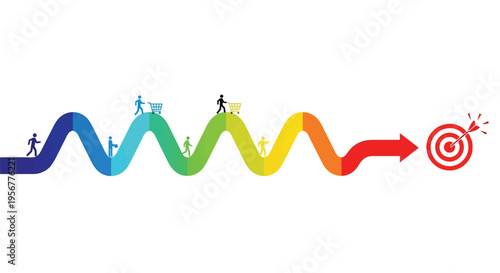 Colorful path representing progress with people and a target destination