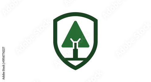 Green tree logo on shield symbolizing eco friendly protection and conservation