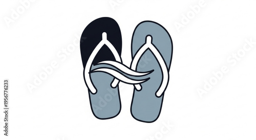 Pair of black and gray flip flops with white straps on plain white background for summer vacation or beach activities