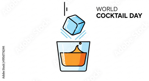 World cocktail day illustration with ice cube dropping into a glass of orange drink on white background