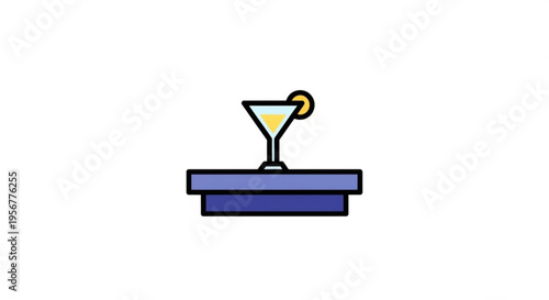 Cocktail glass on blue bar countertop with lemon garnish