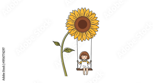 A young girl swings playfully on a large sunflower bloom