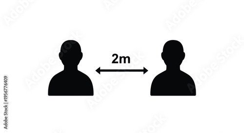 Simple vector graphic illustration demonstrating two silhouetted figures maintaining two meter social distancing