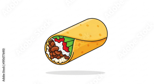 Delicious beef burrito with lettuce tomato and sour cream filling served in a crispy yellow tortilla on a clean white background perfect for food and cuisine concepts