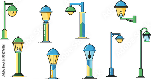 Modern and Classic Street Lamp Vector Set with Wall Mounted and Pole Lights for Urban Lighting Design, City Infrastructure, and Outdoor Decoration