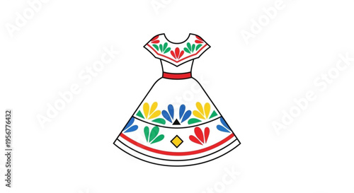 Colorful traditional dress with floral patterns and red accents on white background