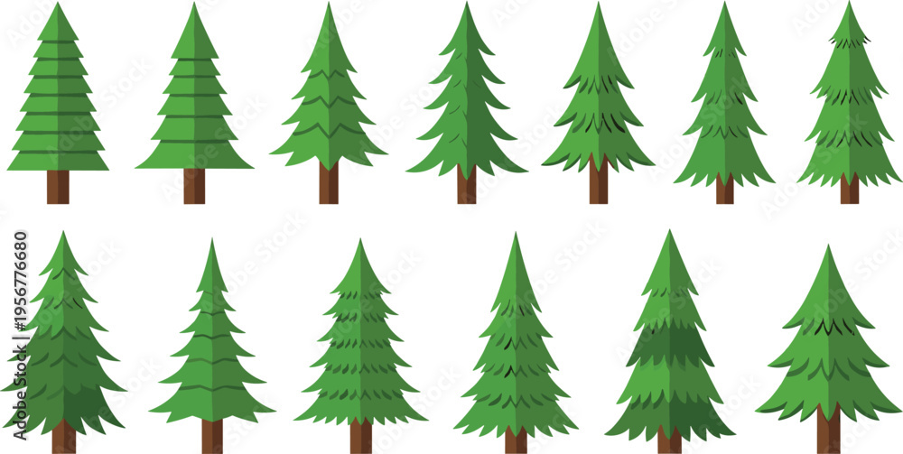 Obraz premium Pine Tree Vector Set with Various Evergreen Forest Trees for Nature Design, Winter Landscapes, Christmas Themes, Outdoor Illustrations, and Environmental Graphics