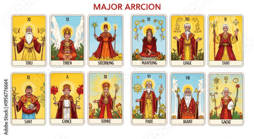 Major Arcana Tarot Cards with Figures and Symbols