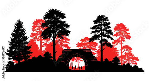 Silhouette forest with ancient stone archway and people walking through