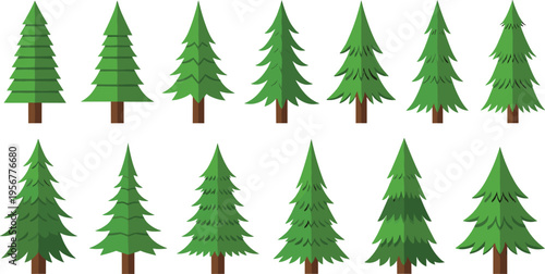 Pine Tree Vector Set with Various Evergreen Forest Trees for Nature Design, Winter Landscapes, Christmas Themes, Outdoor Illustrations, and Environmental Graphics