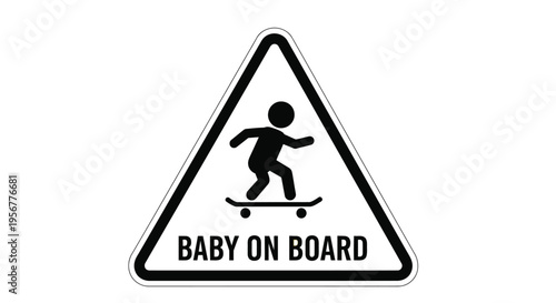 Humorous vector graphic illustration of a baby on board warning sign featuring a skateboarding child.
