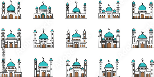 Mosque Architecture Icon Set Vector with Islamic Buildings, Domes, and Minarets for Religious Design, Cultural Illustrations, Ramadan Themes, and Spiritual Graphics