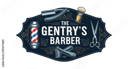 Vintage Barber Shop Logo with Straight Razor, Scissors, Brush, and Pole