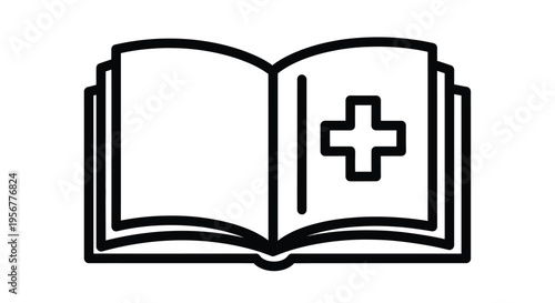 Simple black line art vector illustration of an open medical guide book featuring a prominent first aid cross symbol