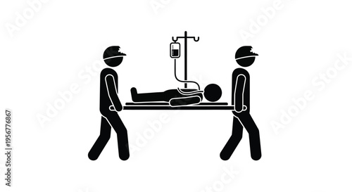 Paramedics swiftly transporting an injured patient on a medical stretcher with an intravenous drip, a clear vector illustration.