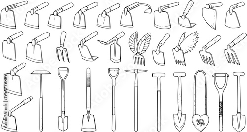 Hand-drawn outline collection of various gardening tools, including diverse hoes, shovels, rakes, and cultivators for agricultural work.