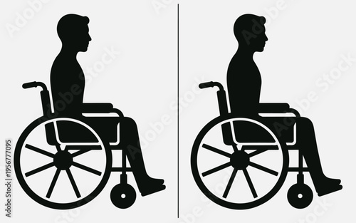 Silhouette of people in wheelchairs from side.