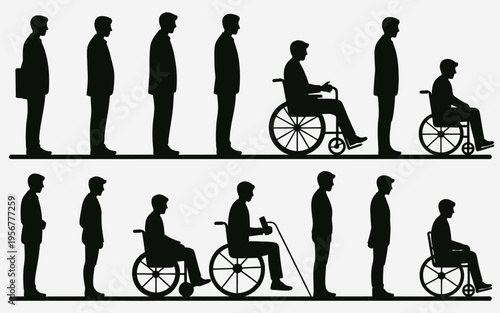 Silhouette illustration of people with disabilities and their daily lives.