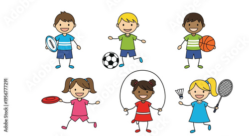 Diverse group of happy children playing various sports activities together in a fun vector illustration design.