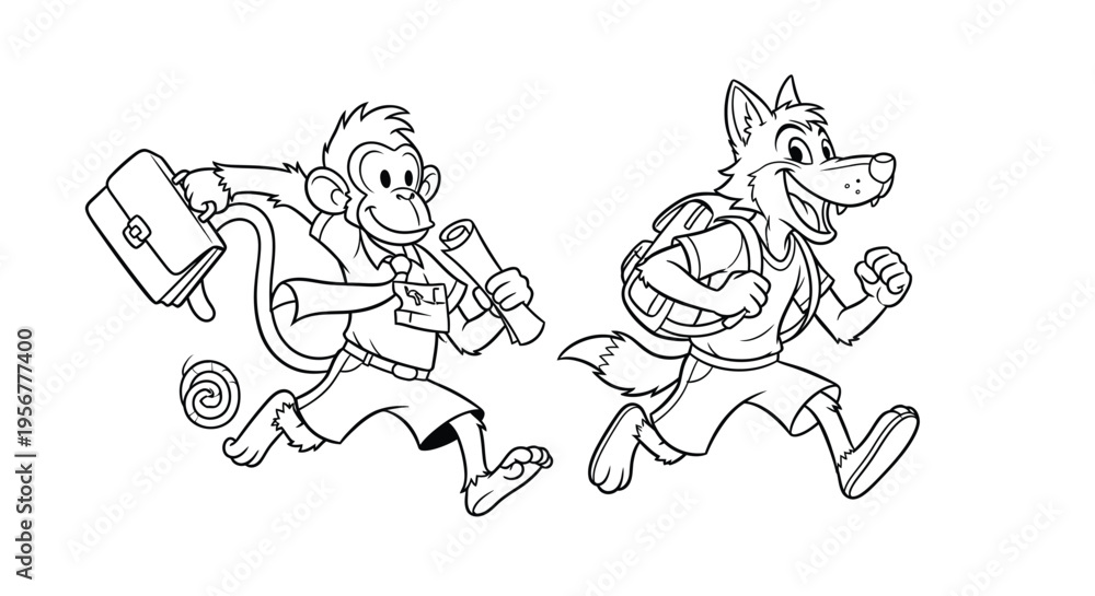 Fototapeta premium Energetic vector illustration of a cartoon monkey and wolf running happily with school supplies