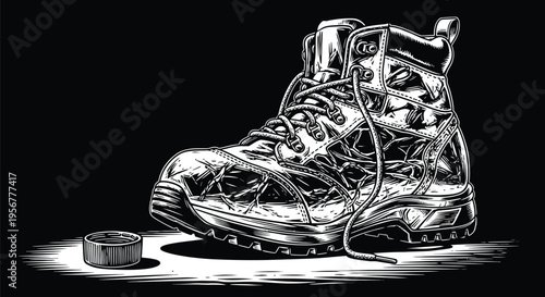 Dramatic black and white vector illustration of a rugged hiking boot resting beside a loose cap