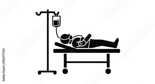 Patient receiving essential medical treatment with an IV drip and mask in a vector graphic illustration.
