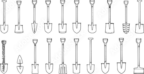 Collection of 20 diverse shovel and spade types, presented as black and white line art illustrations, suitable for gardening, digging, and construction concepts.