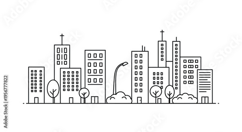 Minimalist vector illustration of a modern city skyline with various buildings and urban elements graphic design