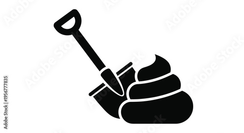 Simple vector graphic illustration depicting a garden shovel next to a pile of dog waste on a white background.