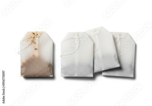 A collection of four white paper tea bags displayed on a clean and isolated plain white background