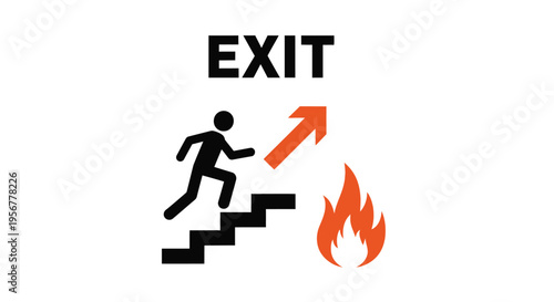 Essential fire safety warning graphic with a person ascending stairs towards the exit.