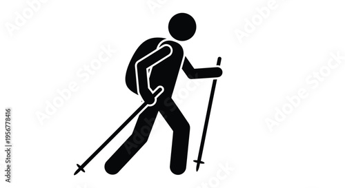 Black silhouette vector graphic illustration of a hiker with a backpack using trekking poles for balance