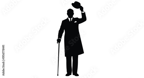 Gentleman silhouette tipping his hat with a walking stick embodies classic formal greeting vector design