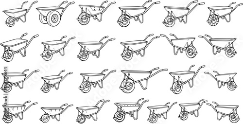 Black and white line art seamless pattern of various wheelbarrows, hand-drawn vector illustration of garden and construction tools.