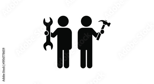 Professional vector illustration of two figures holding a wrench and a hammer, symbolizing repair and maintenance services.