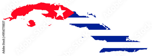 Cuba map silhouette with national flag — Cuban island country outline in flag colors, geographic map shape of Cuba in Caribbean world map context