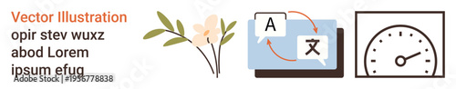 Digital tools, global communication, language translation, performance monitoring, speed optimization, productivity enhancement. Language translation and measurement icons with floral element