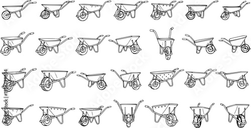 Wheelbarrow Collection: Monochrome Sketch of Diverse Garden Carts