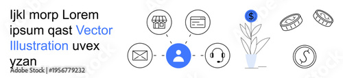 Business workflow, financial growth, customer support, communication, user experience, earning concepts. Central person icon linked to diverse service icons. Financial growth and customer support