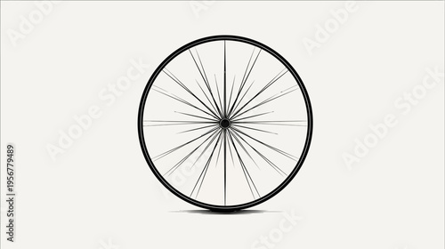 Stylized, black and white depiction of a bicycle wheel, centered on a neutral background