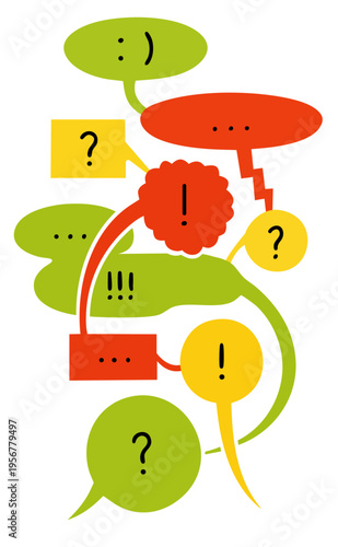 Active online communication with colorful speech bubbles, chat reactions, messaging dialogue and social media discussion