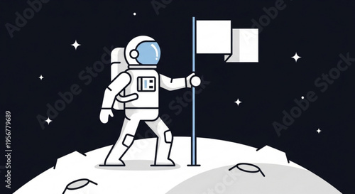 Astronaut in white spacesuit holds flag on moon surface with stars in the background at night