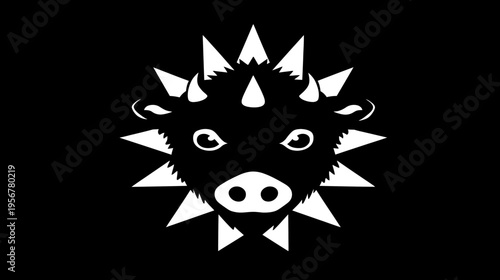 Black and white illustration of a stylized animal head with horns and a spiky halo
