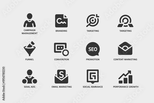 Digital marketing icons for business strategy.