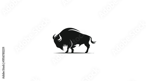 A monochrome illustration of a bison in silhouette, set against a pristine white background